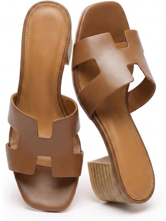 Shoes - Women's Brown Square Open Toe Low Block Chunky Heels Slip On Slides Sandals
